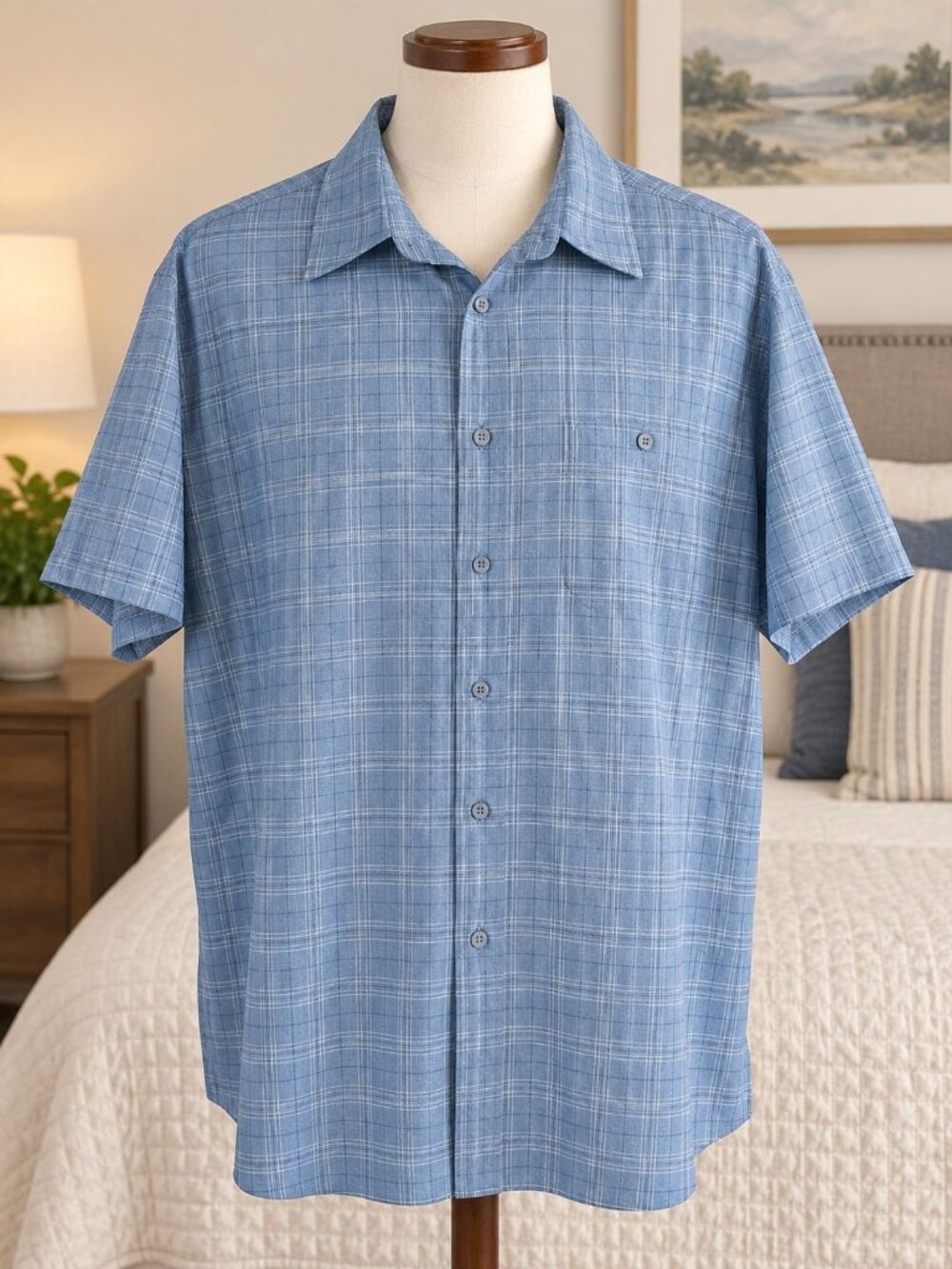 Haggar Short Sleeve Button Down Blue Plaid Casual Shirt Pocket Lightweight XXL
